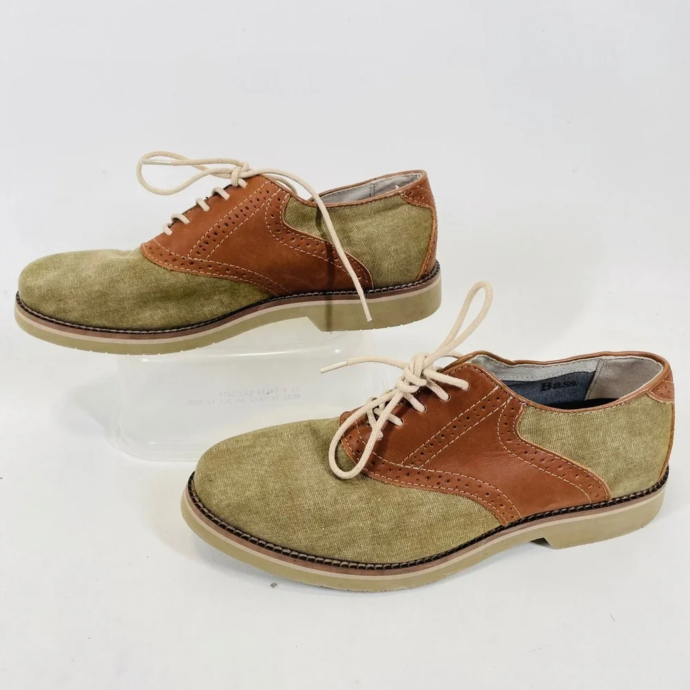 GH Bass Eli Mens 7.5 M Olive Canvas Brown Leather Saddle Oxford Shoes 0031-2554